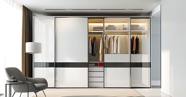Contemporary 6-door Wardrobe Design with Open Shelves and Cabinets