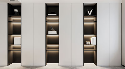 Contemporary 6-door Wardrobe Design with Open Shelves and Cabinets