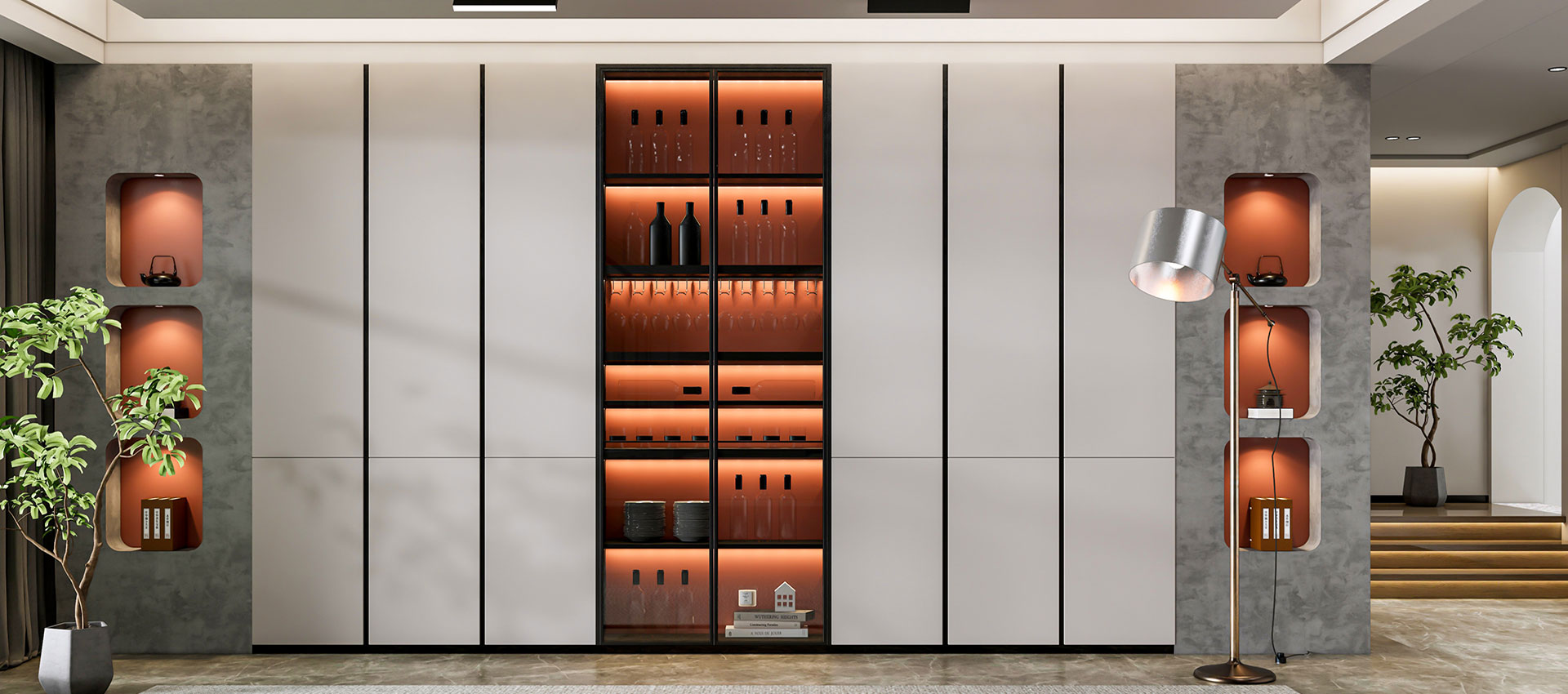 Contemporary 6-door Wardrobe Design with Open Shelves and Cabinets