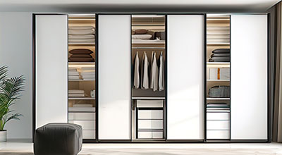 Contemporary 3-Door White Swing Wardrobe Design with Seating Nook Storage and Open Shelves