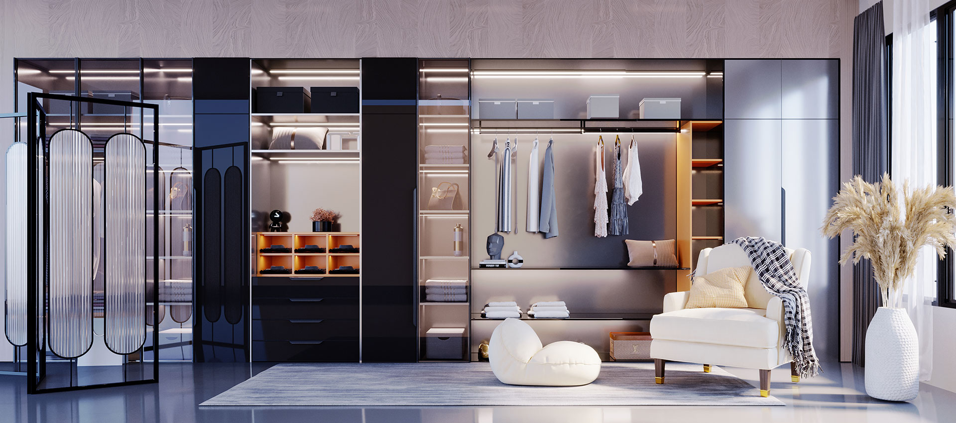Contemporary 3-Door White Swing Wardrobe Design with Seating Nook Storage and Open Shelves