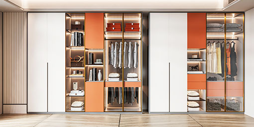 Contemporary 3-Door White Swing Wardrobe Design with Seating Nook Storage and Open Shelves