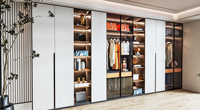 Contemporary 3-Door White Swing Wardrobe Design with Seating Nook Storage and Open Shelves