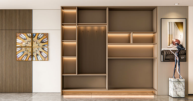 Contemporary 3-Door White Swing Wardrobe Design with Seating Nook Storage and Open Shelves