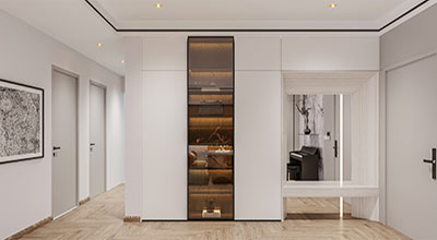 Modern 7-Door Swing Wardrobe Design with White Suede Finish and Open Shelves