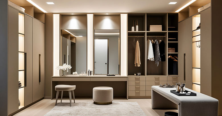 Modern 7-Door Swing Wardrobe Design with White Suede Finish and Open Shelves