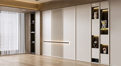 Modern 7-Door Swing Wardrobe Design with White Suede Finish and Open Shelves
