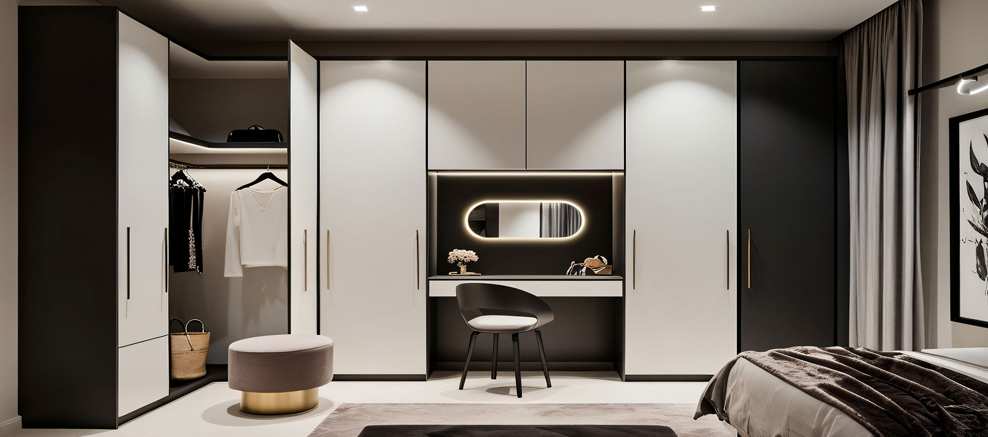 Modern 7-Door Swing Wardrobe Design with White Suede Finish and Open Shelves