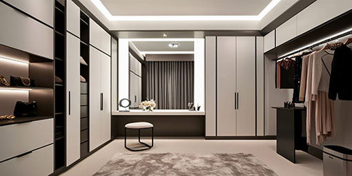 Modern 7-Door Swing Wardrobe Design with White Suede Finish and Open Shelves
