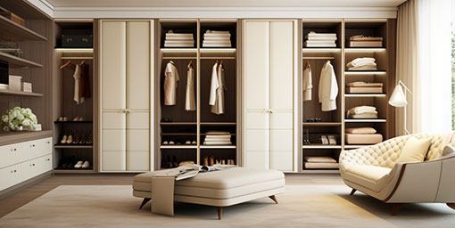 Contemporary Swing Wardrobe Design with Seating Nook Storage and Open Shelves