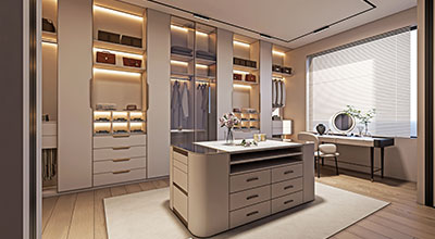 Contemporary Swing Wardrobe Design with Seating Nook Storage and Open Shelves