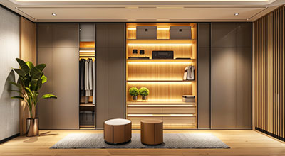 Contemporary Swing Wardrobe Design with Seating Nook Storage and Open Shelves