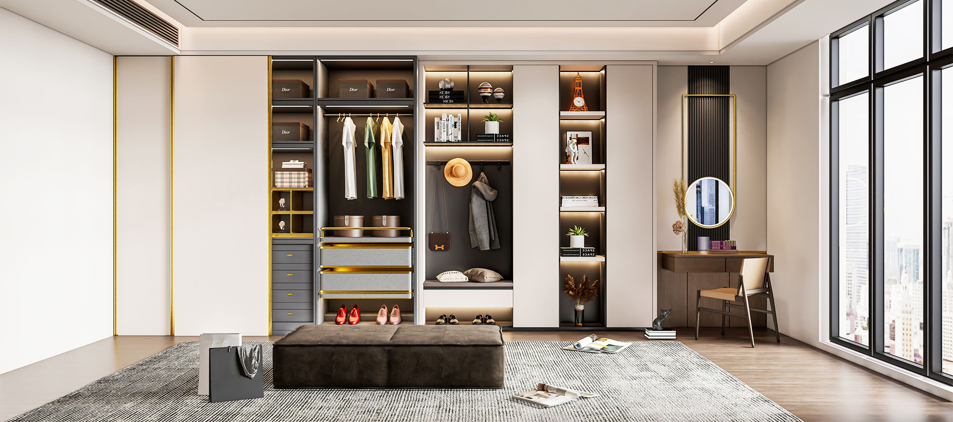 Contemporary Swing Wardrobe Design with Seating Nook Storage and Open Shelves