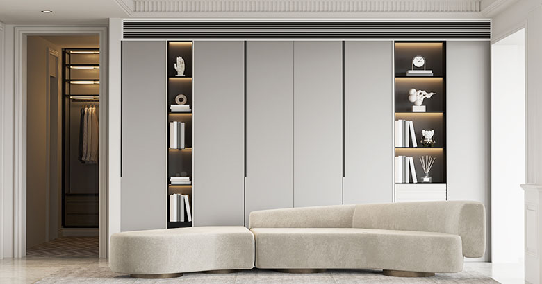 Contemporary 6-Door Swing Wardrobe Design with Open Display Shelves and Drawers