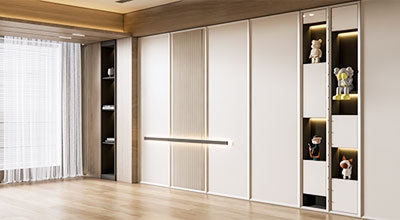 Contemporary 6-Door Swing Wardrobe Design with Open Display Shelves and Drawers