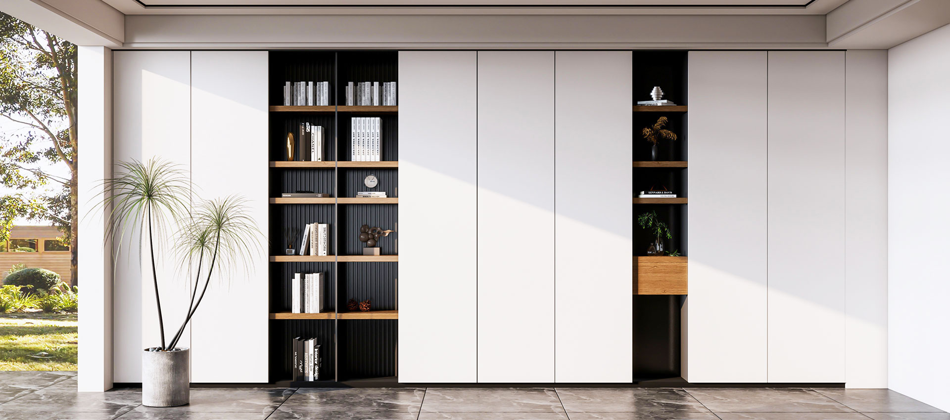 Contemporary 6-Door Swing Wardrobe Design with Open Display Shelves and Drawers