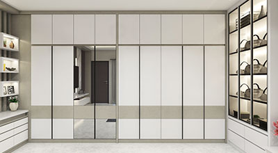 Contemporary 6-Door Swing Wardrobe Design with Open Display Shelves and Drawers