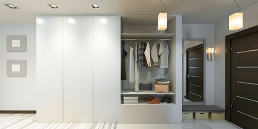 Contemporary 6-Door Swing Wardrobe Design with Open Display Shelves and Drawers