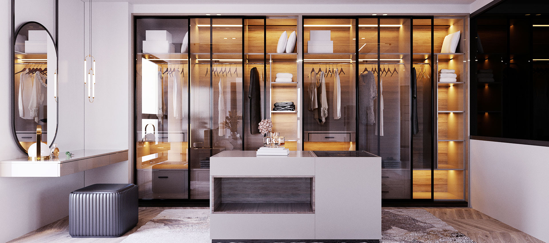 Bronze 8-Door Contemporary Sliding Wardrobe Design with Fluted Glass Shutters
