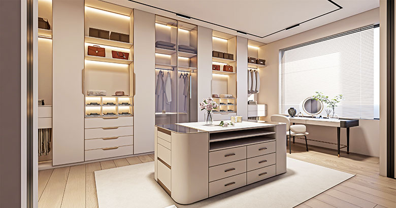 L Shaped Full Height Wardrobe with Stylish Shoe Cabinet and Integrated Dresser