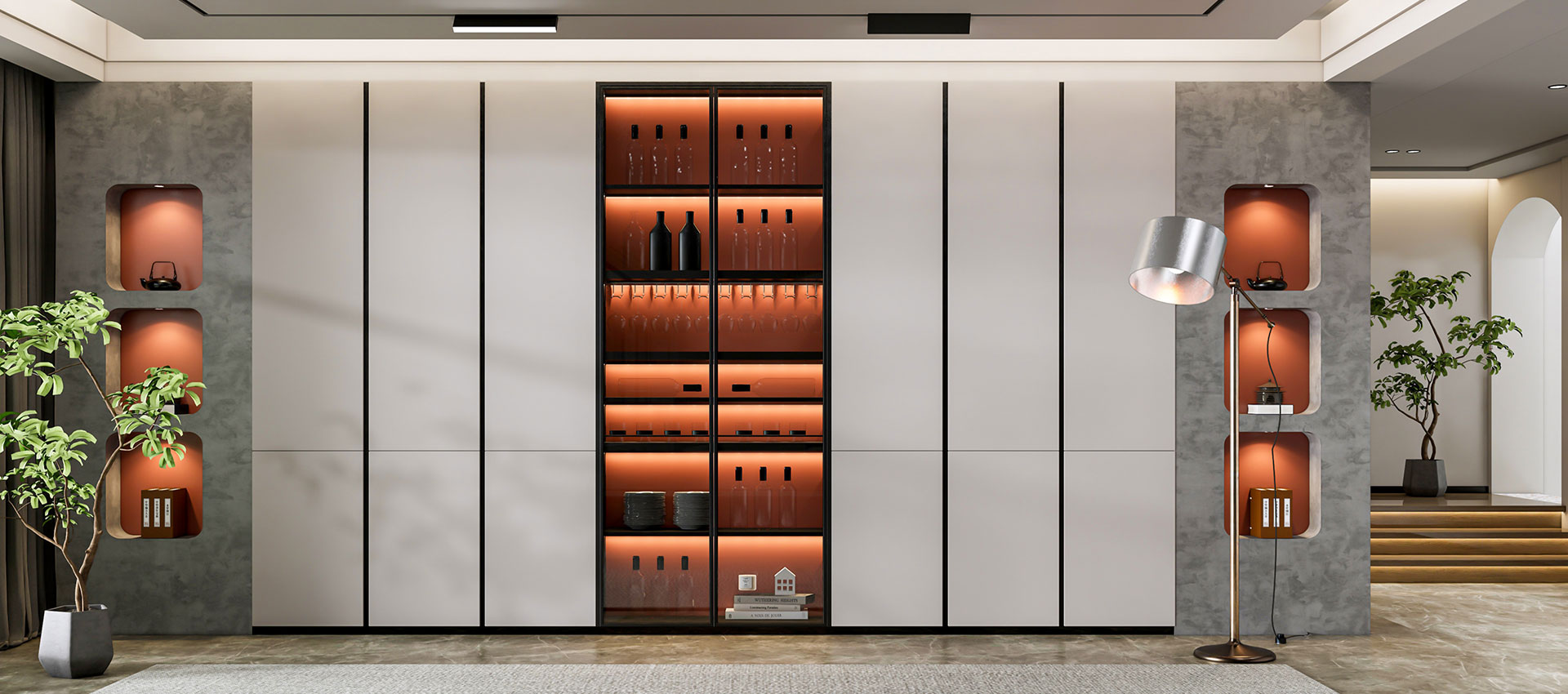 Contemporary 8-Door Grey Swing Wardrobe Design with Open Display Shelves and Dressing
