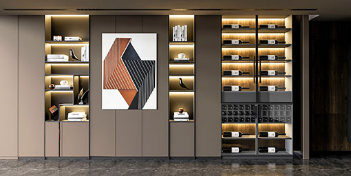 Contemporary 8-Door Grey Swing Wardrobe Design with Open Display Shelves and Dressing