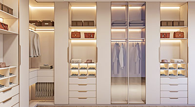Contemporary 8-Door Grey Swing Wardrobe Design with Open Display Shelves and Dressing