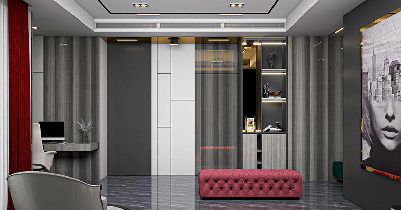Contemporary 8-Door Grey Swing Wardrobe Design with Open Display Shelves and Dressing