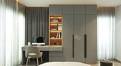 Contemporary 8-Door Grey Swing Wardrobe Design with Open Display Shelves and Dressing