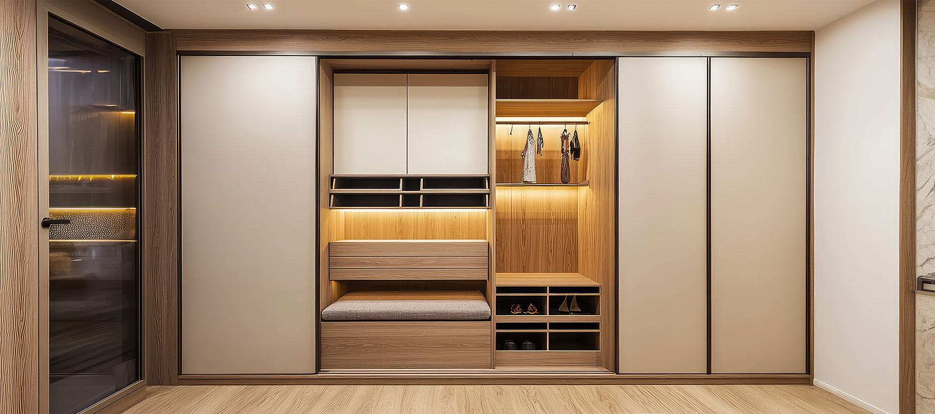 Modern 3-Door Taupe Swing Wardrobe Design with Drawers and Matte Shutters