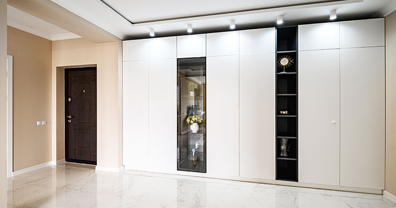 Modern 3-Door Taupe Swing Wardrobe Design with Drawers and Matte Shutters