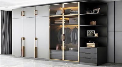 Modern 3-Door Taupe Swing Wardrobe Design with Drawers and Matte Shutters