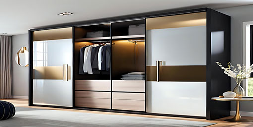 6-Door Contemporary Swing Wardrobe Design with Open Display Shelves and Drawers