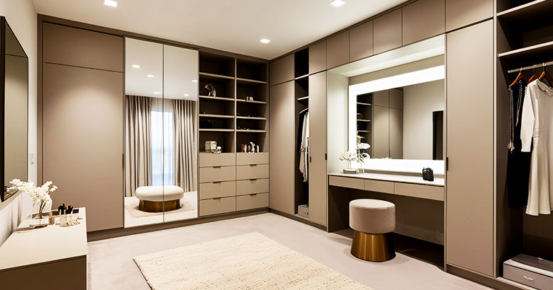 6-Door Contemporary Swing Wardrobe Design with Open Display Shelves and Drawers