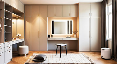 6-Door Contemporary Swing Wardrobe Design with Open Display Shelves and Drawers