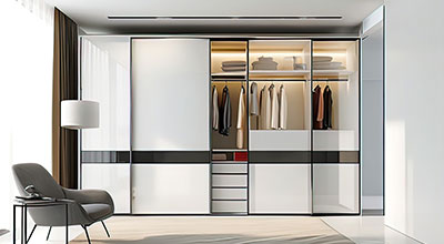6-Door Contemporary Swing Wardrobe Design with Open Display Shelves and Drawers