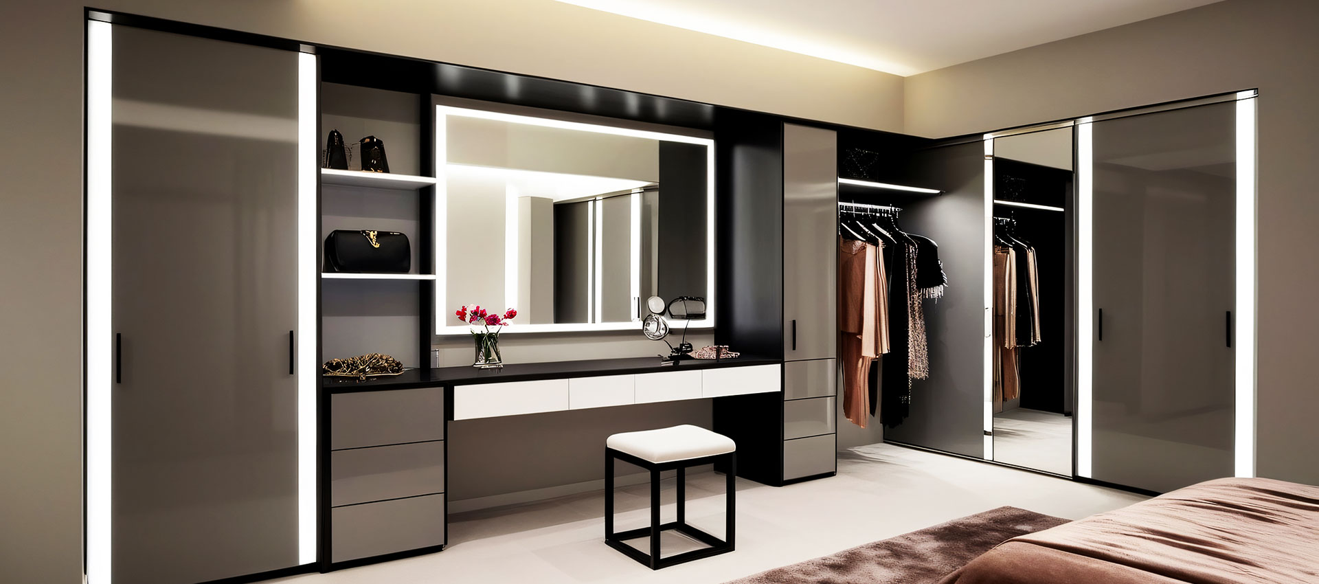 6-Door Contemporary Swing Wardrobe Design with Open Display Shelves and Drawers