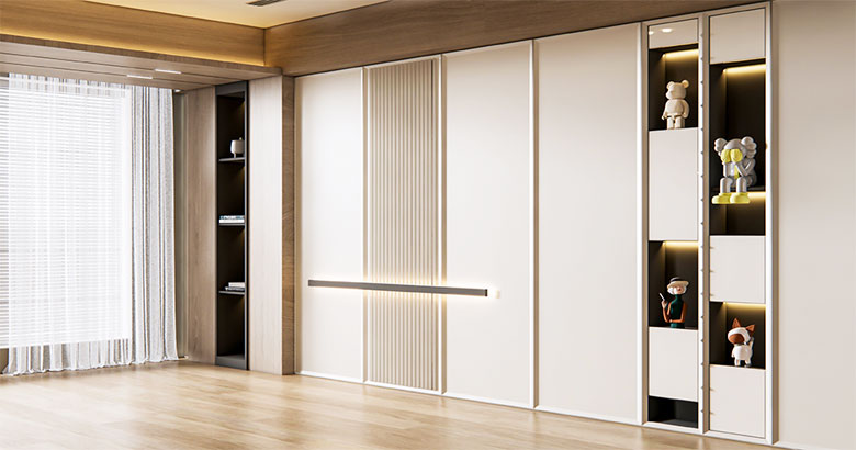 Contemporary 3-Door Cream Swing Wardrobe Design with Drawers