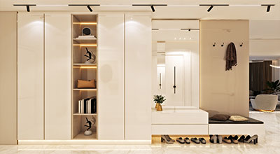 Contemporary 3-Door Cream Swing Wardrobe Design with Drawers