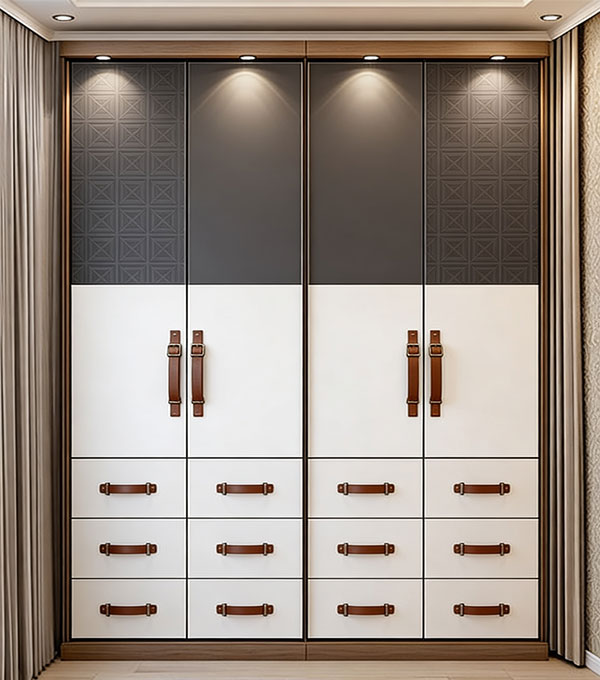 Contemporary 6 Door Swing Wardrobe Design in Suede Finish with Drawers