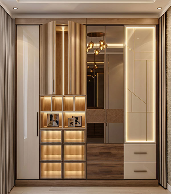 Contemporary 6 Door Swing Wardrobe Design in Suede Finish with Drawers