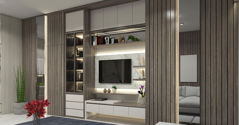 Modern Minimalist 3-Door Wardrobe Design With Integrated TV Unit