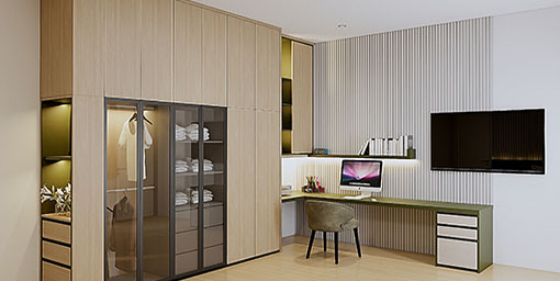 Modern Minimalist 3-Door Wardrobe Design With Integrated TV Unit