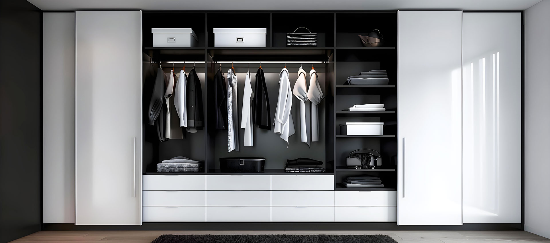 Modern Swing Wardrobe with Seating Nook Storage and Open Shelves