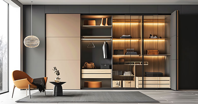 Modern Swing Wardrobe with Seating Nook Storage and Open Shelves