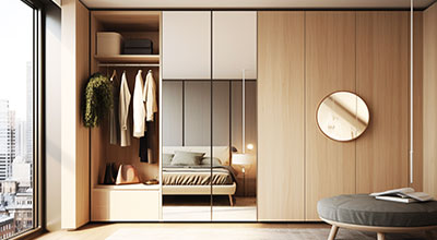 Modern Swing Wardrobe with Seating Nook Storage and Open Shelves