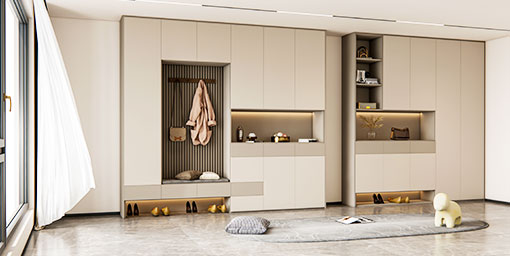 Contemporary 6 Door Swing Wardrobe Design in Suede Finish with Drawers