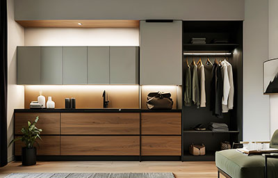 Contemporary 6 Door Swing Wardrobe Design in Suede Finish with Drawers