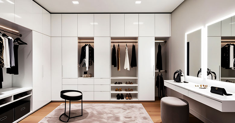 Contemporary 6 Door Swing Wardrobe Design in Suede Finish with Drawers