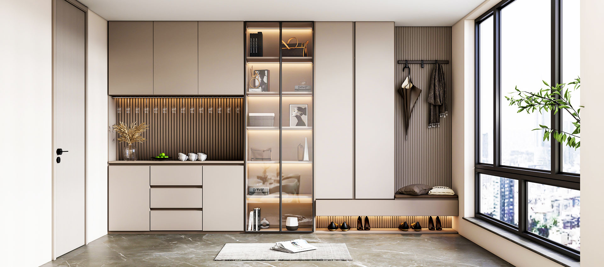 Contemporary 6 Door Swing Wardrobe Design in Suede Finish with Drawers